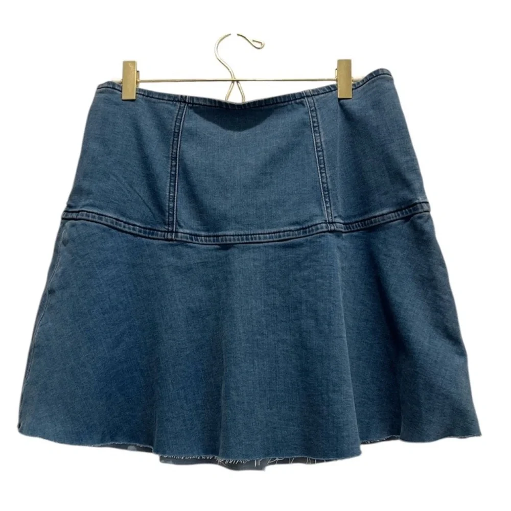 Free People Highlands Denim Blue Asymmetrical Skater Mini Skirt Raw Hem Y2K 90s